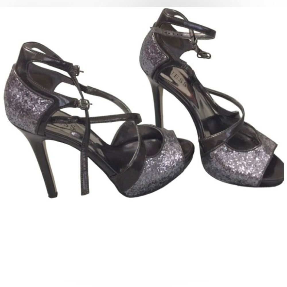 GUESS GW Tailgate Gray Silver Glitter Strappy Stiletto Pump Size 7.5